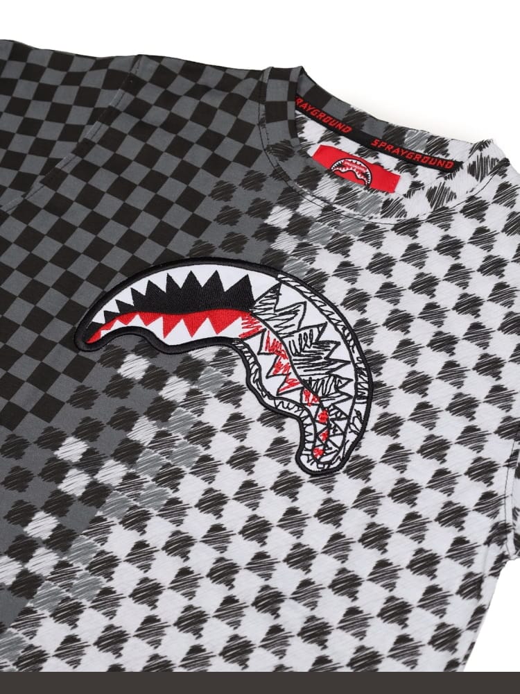 Sprayground t-shirt kids/junior damier in cotone grigio nero con stampa bocca di squalo