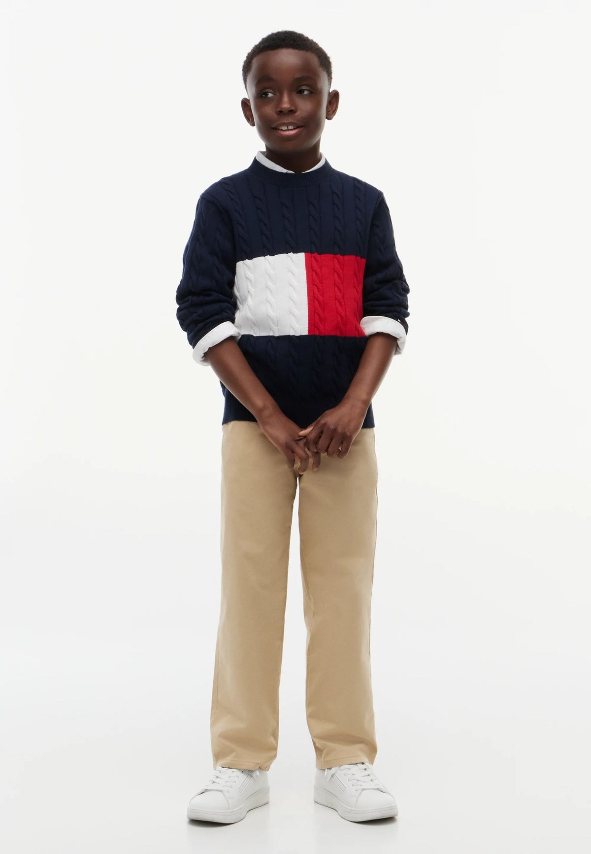 TOMMY HILFIGER MAGLIA treccia blu logo bandiera a girocollo per bambino Bambini e ragazzi KB0KB09753OMS.BLU_