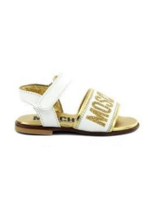 Moschino sandali kids in pelle bianca laminata oro con logo strass Bambina