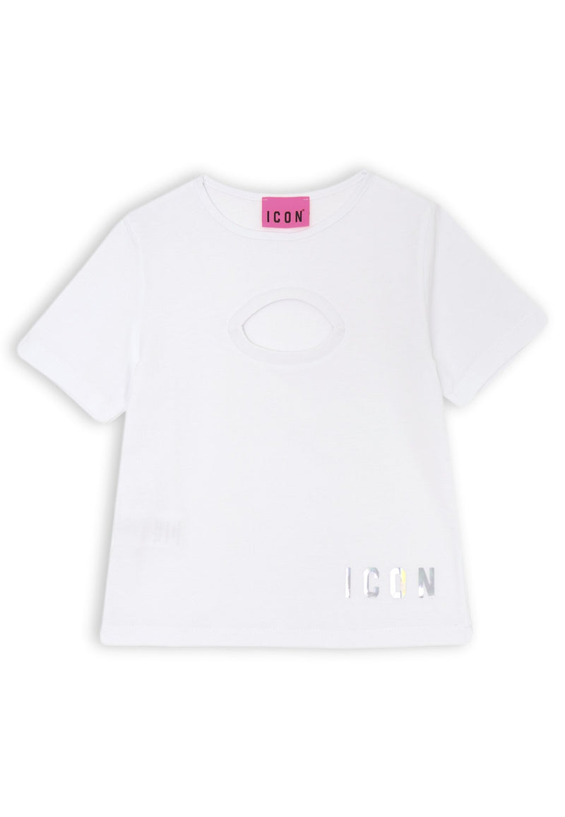 ICON girl's white T-shirt with front opening and iridescent logo - WHITE | CammarataMode
