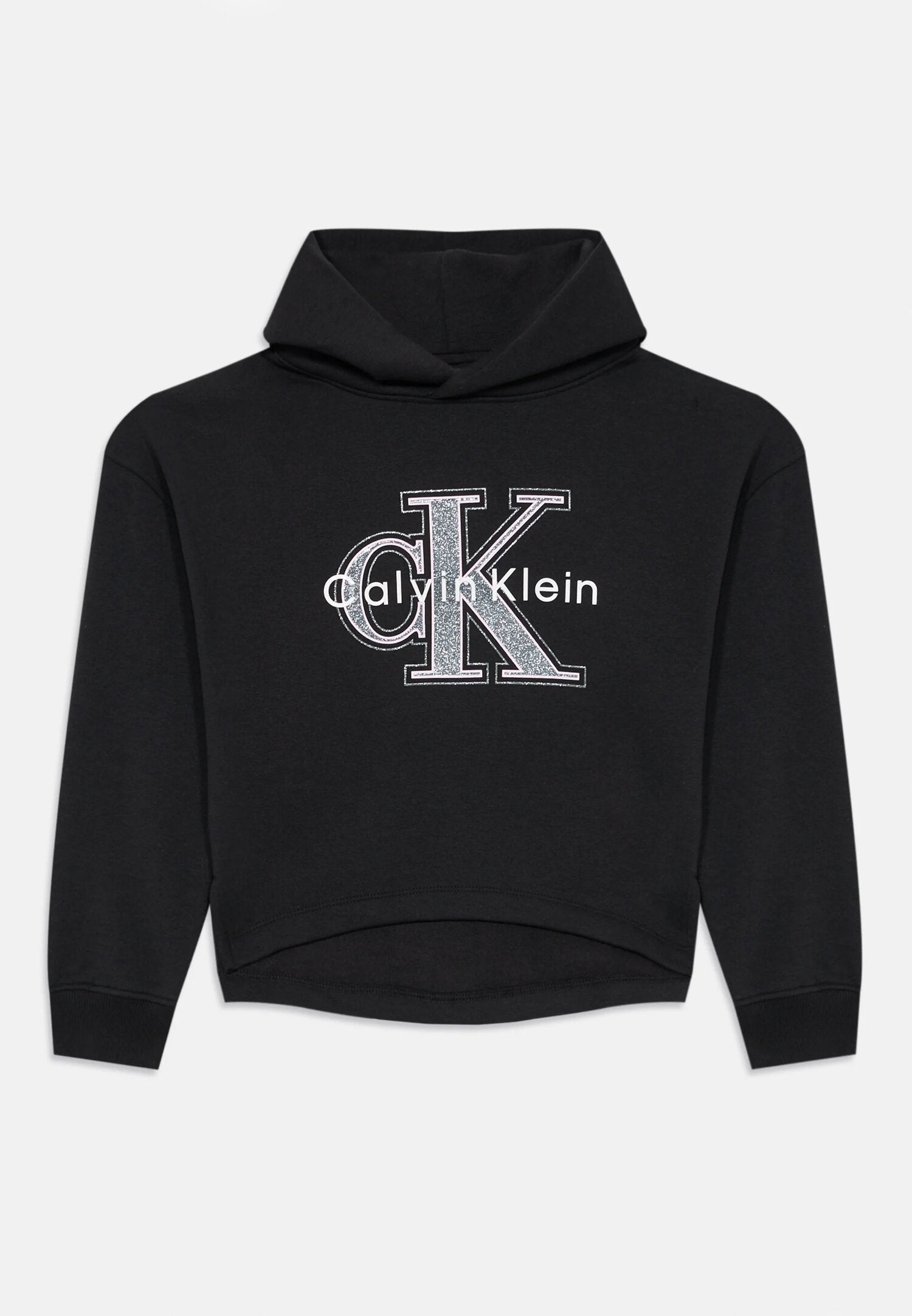 Calvin Klein Felpa Corta Nera Bambina In Cotone Con Cappuccio Sportivo AI25