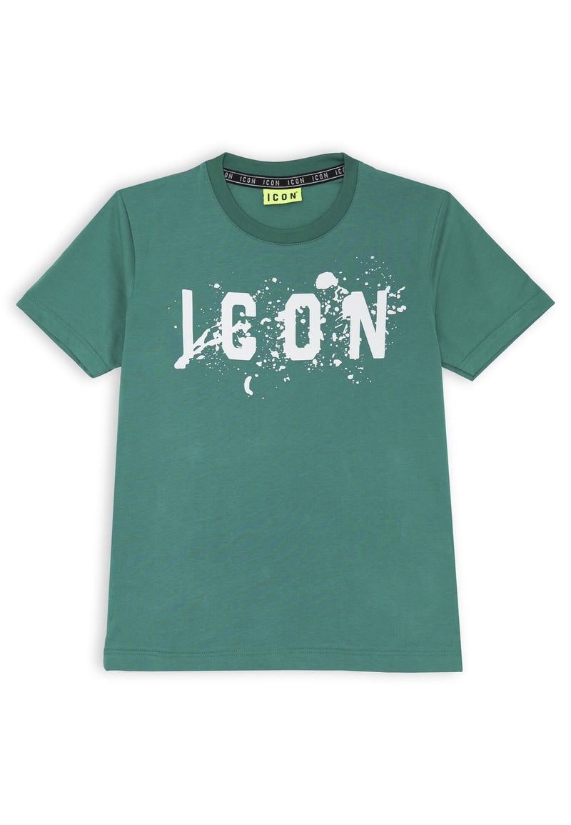T-shirt verde ragazzo ICON stampa bianca effetto vernice in cotone - VERDE | CammarataMode