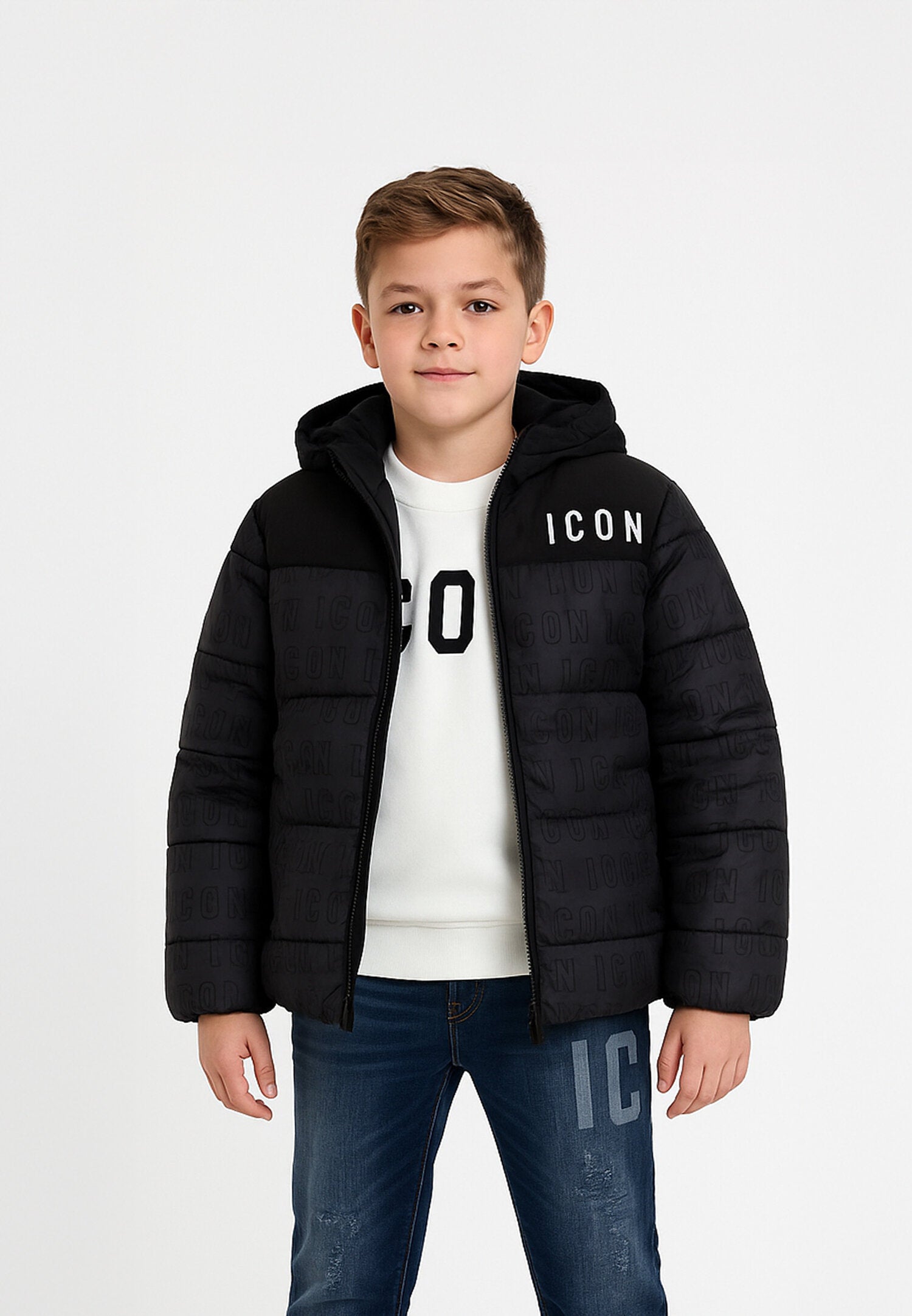Icon Giubbotto Nero Bambino multo logo In Nylon Con Cappuccio Sportivo AI25