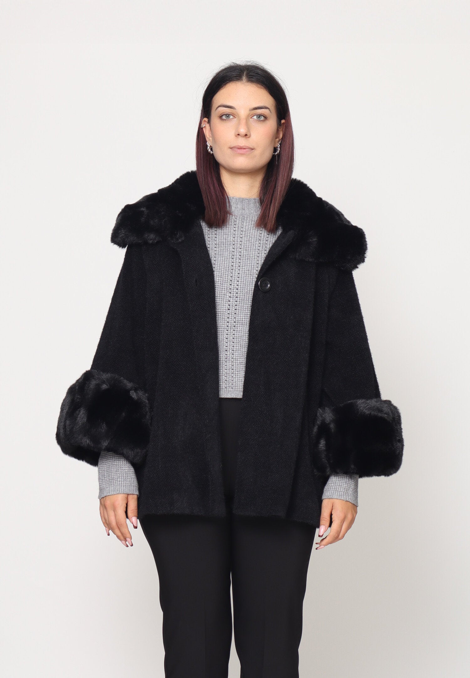 Monte Cervino Mantella Nero Marrone Donna In Lana Con Pelliccia Elegante AI25