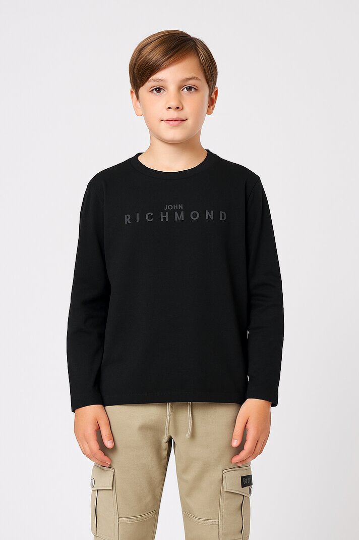 John Richmond T Shirt Nero Bambino Basica In Jersey Maniche Lunghe Scuola AI25