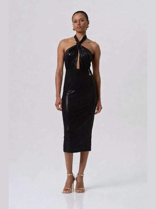 Fracomina abito slim midi in tessuto spalmato nero