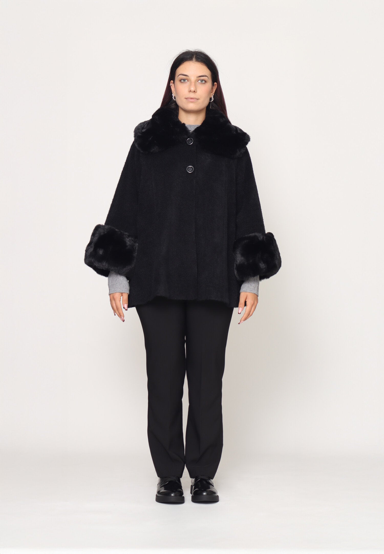 Monte Cervino Mantella Nero Marrone Donna In Lana Con Pelliccia Elegante AI25