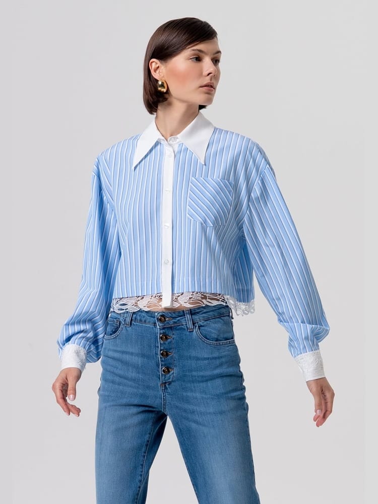 Fracomina camicia over a righe crop azzurra con pizzo