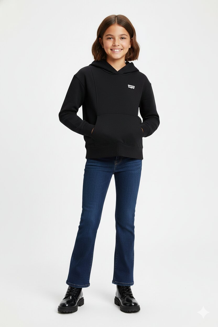 Levi's Felpa Nera Bambina Corta In Cotone Con Cappuccio Scuola AI25