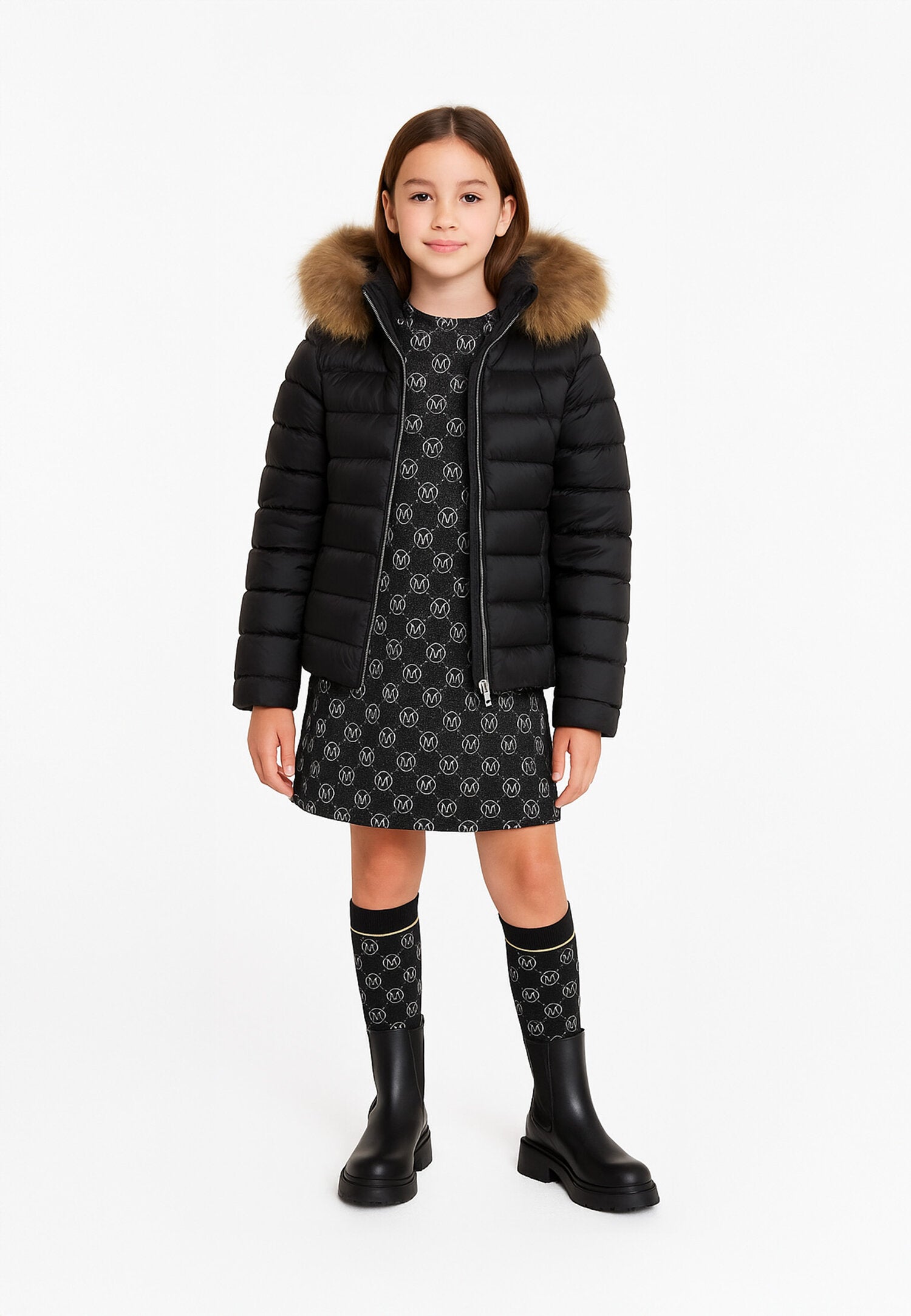 Canadiens Giubbotto Nero Bambina In Nylon Con Pelliccia Tipo Elegante AI25