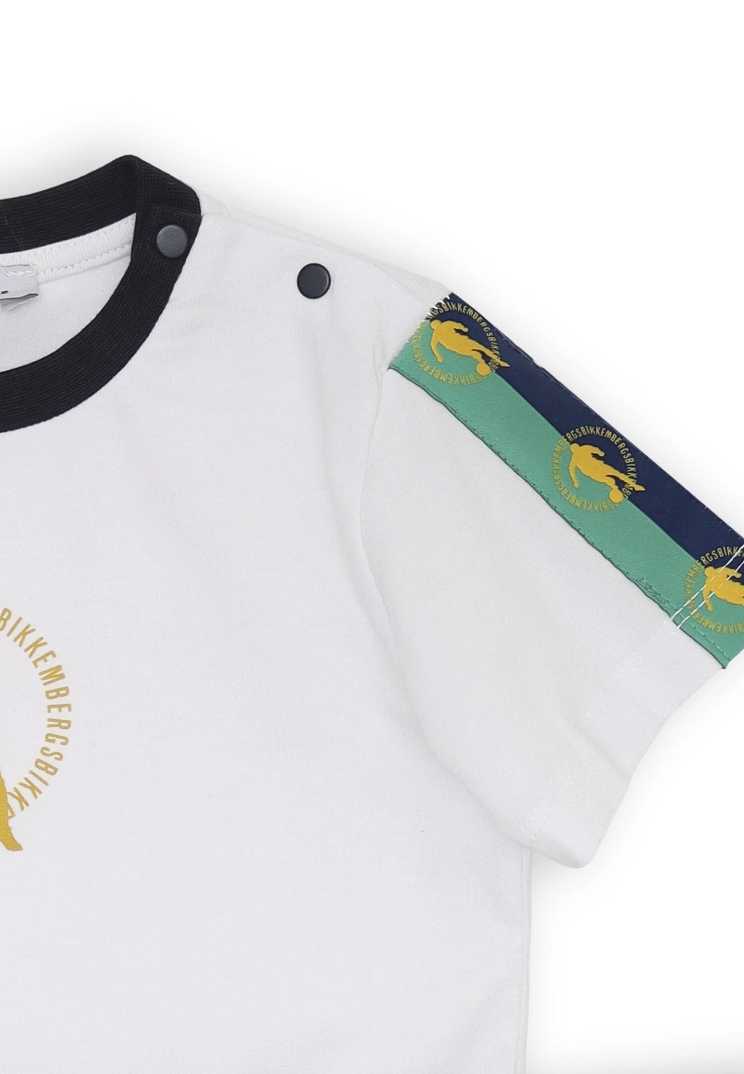 Bikkembergs set children off white t-shirt with stripes and blue patterned shorts | CammarataMode
