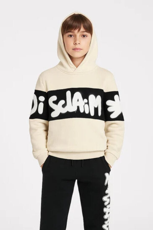 Disclaimer felpa con cappuccio bambino panna banda nera cotone inverno logo