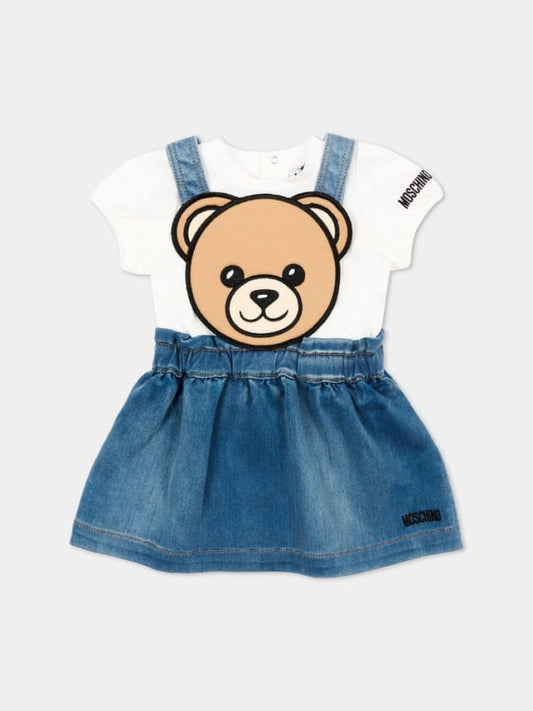 Moschino set salopette e t-shirt infant in denim blu e tshirt bianca con maxi teddy Bambina