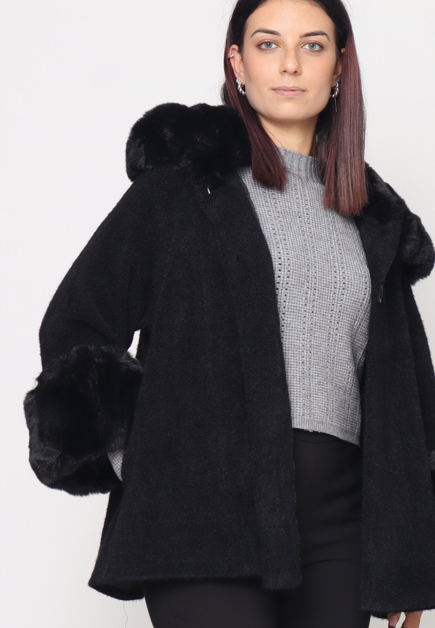 Monte Cervino Mantella Nero Marrone Donna In Lana Con Pelliccia Elegante AI25