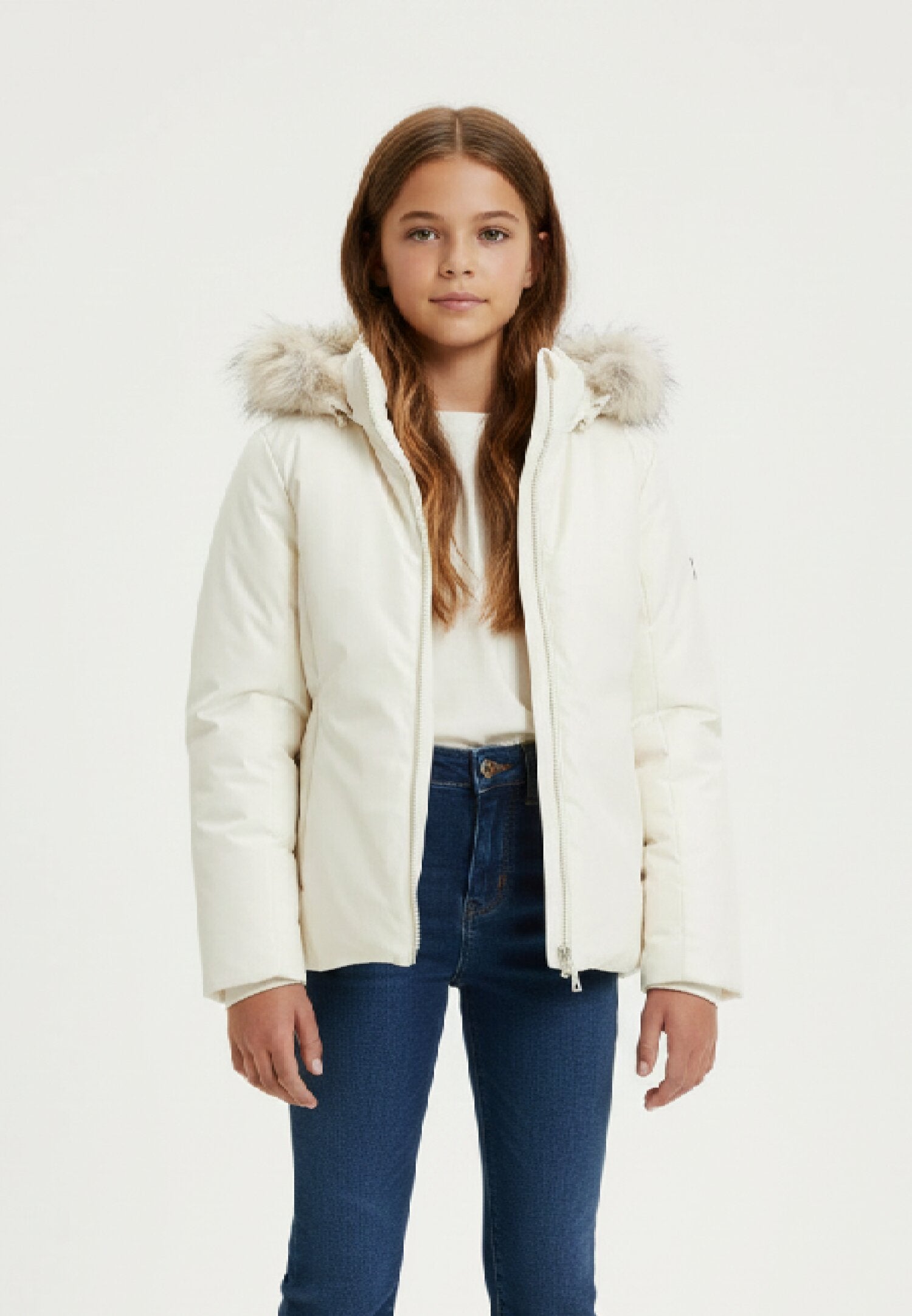 Giacca Bambina Yes Zee Avorio 2-16 Anni con Cappuccio Staccabile in Piuma