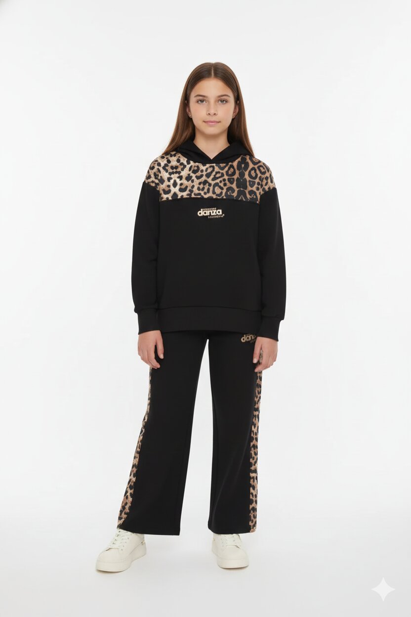 Dimensione Danza Tuta Nero Bambina Fantasia Leopardato In Cotone Con Cappuccio