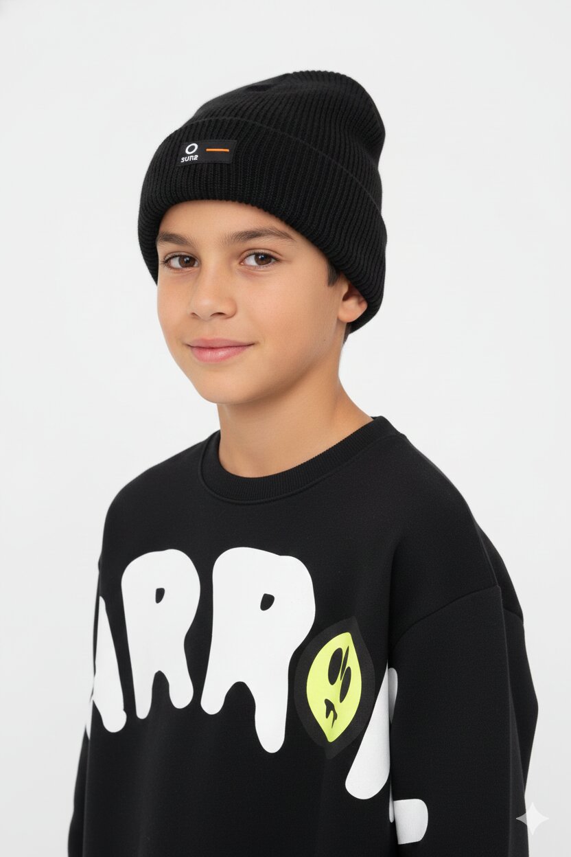 Suns Cappello Nero Bambino Coste In Cotone Cuffia Sportivo AI25