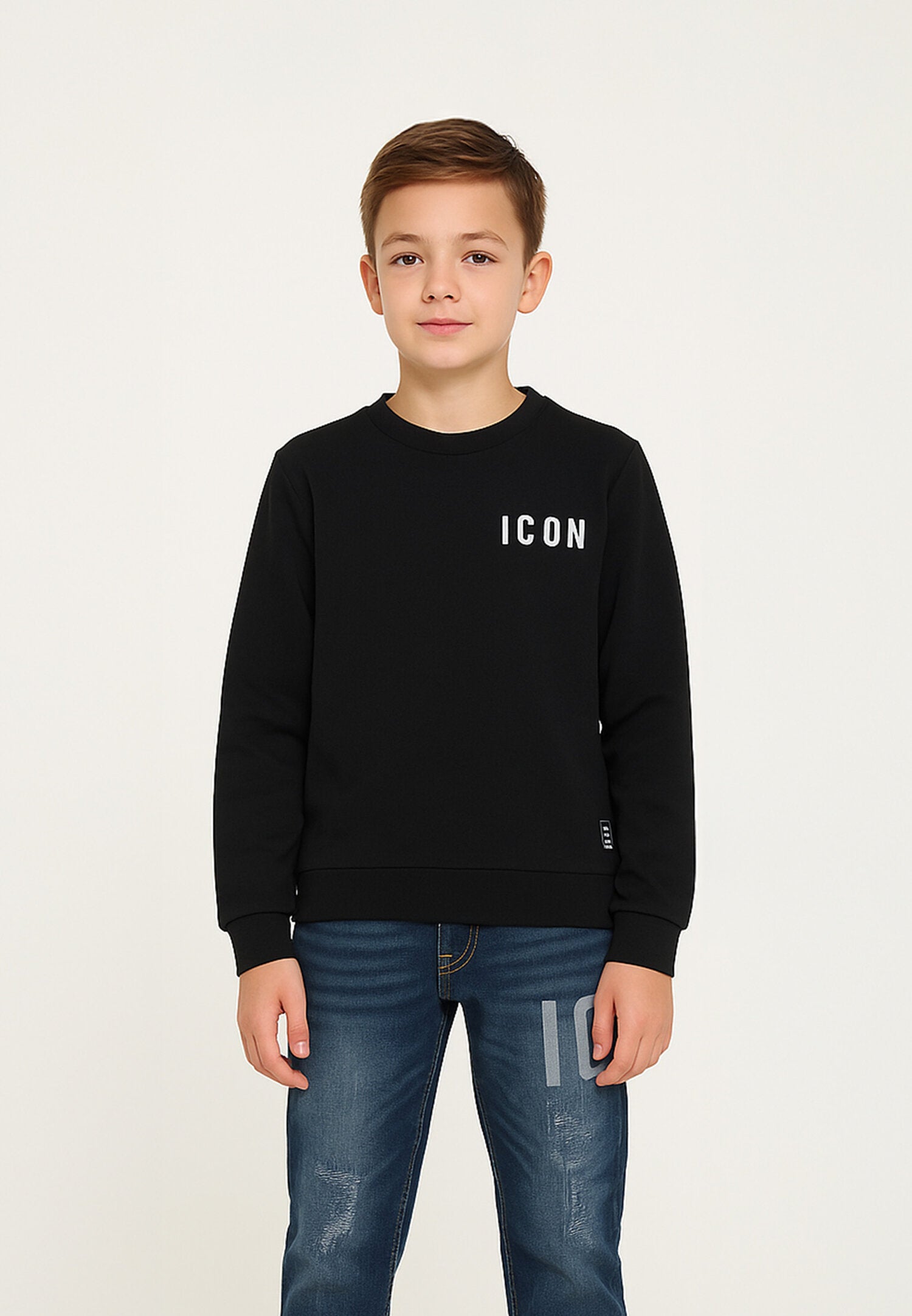 Icon Felpa Nera Bambino In Cotone Girocollo Passeggio AI25