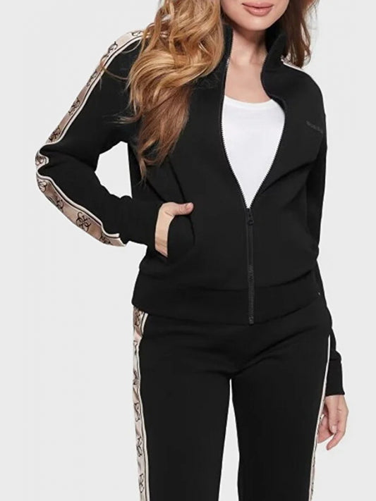 Guess felpa donna nera con chiusura zip bande logate laterali con logo lettering sul petto tono su tono