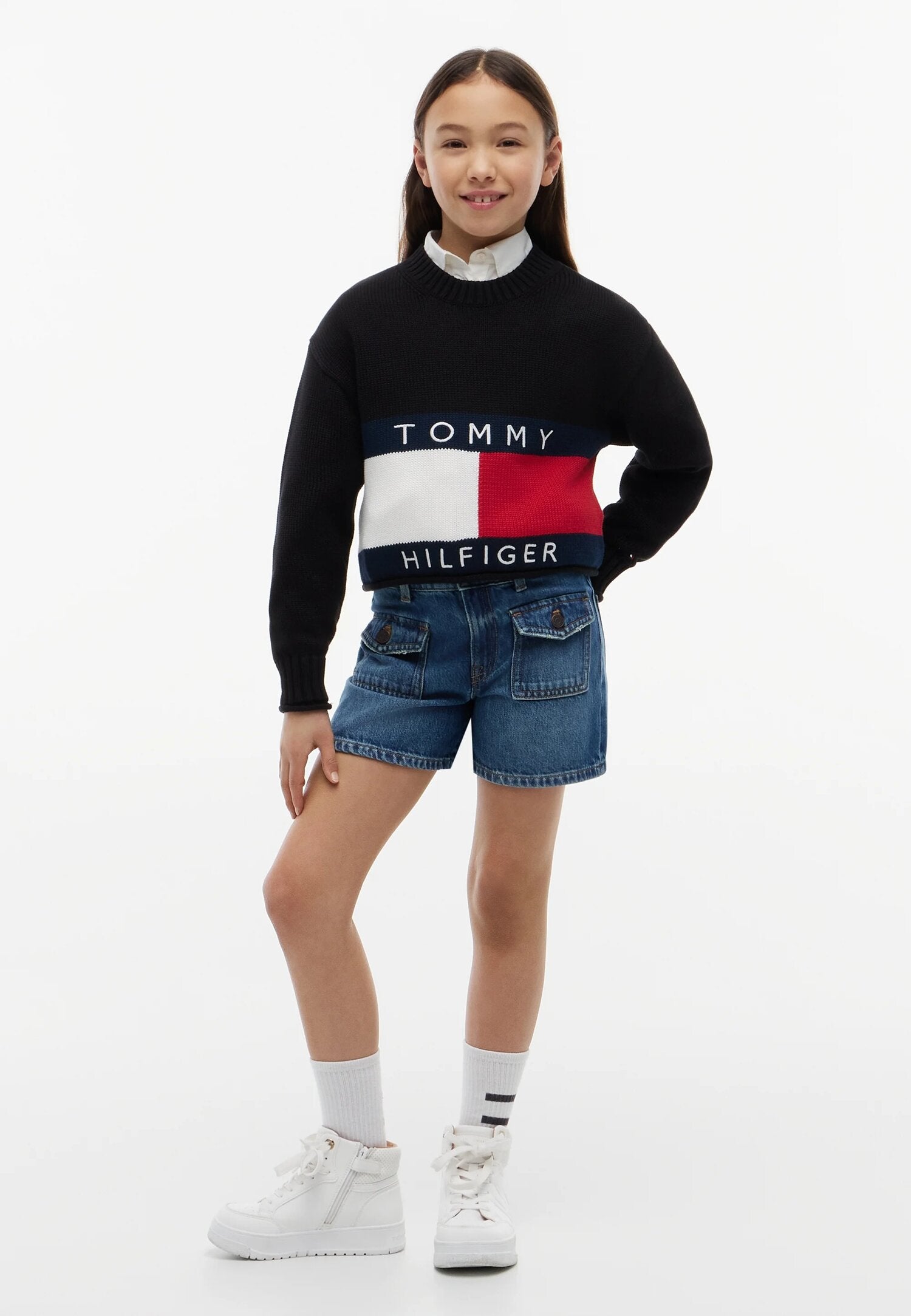 Tommy Hilfiger Maglione Crop Nero Con Logo Grande Bambina KG0KG08922BDS_