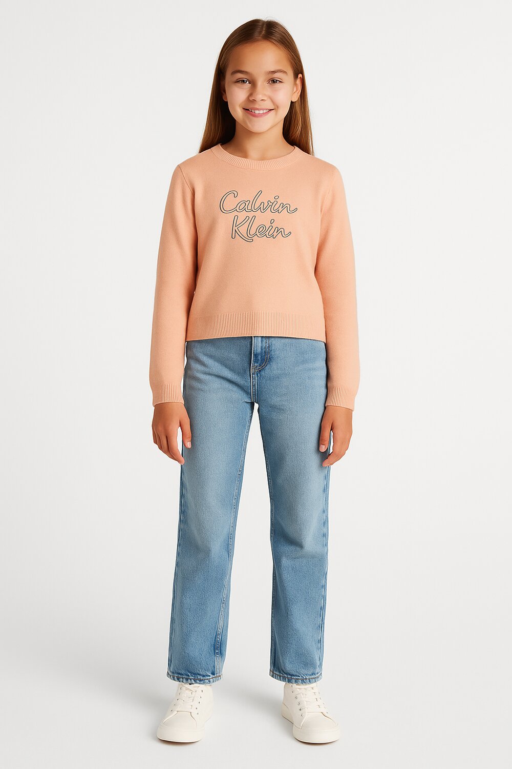 Calvin Klein Maglione Rosa Pesca Bambina In Cotone Girocollo Sportivo AI2