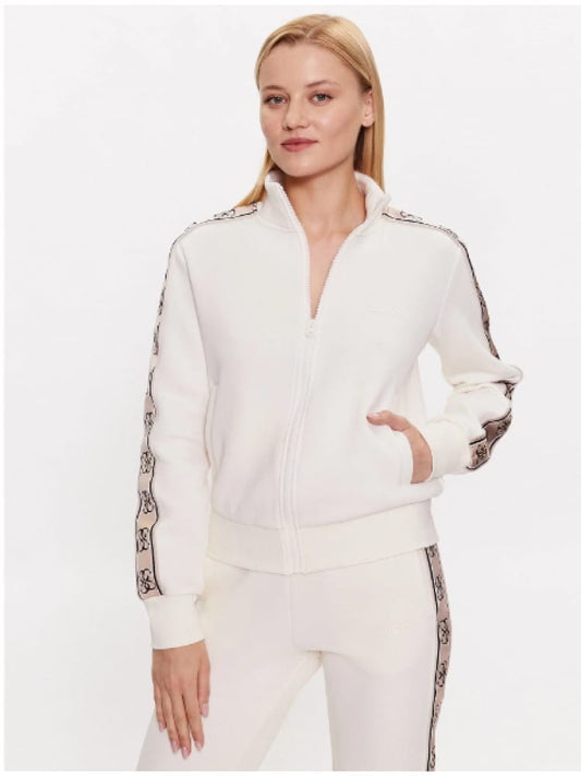 Guess felpa donna bianca in cotone con zip logo verticale beige sul braccio