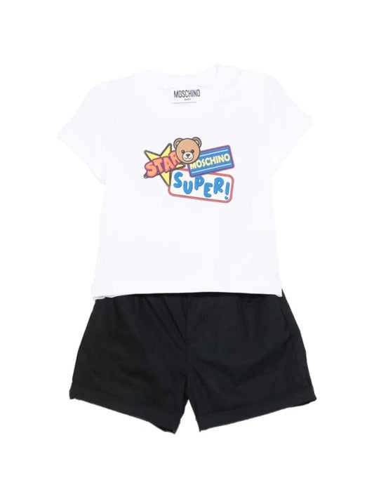 Moschino set infant t-shirt e short bianco e nero con stampa logo teddy Bambino
