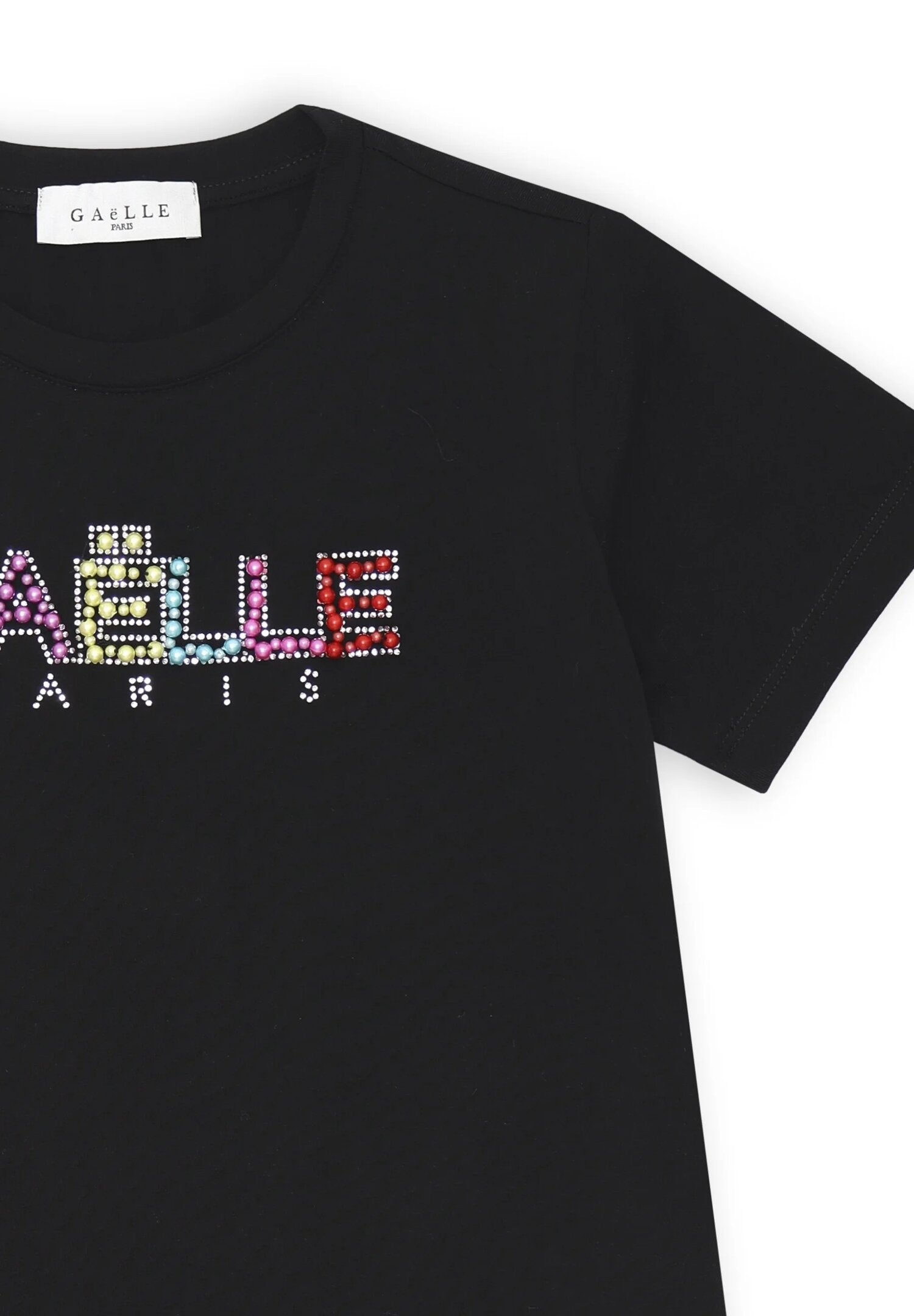 Gaelle Paris black sweater with multicolor rhinestone logo for girls summer 2025 | CammarataMode