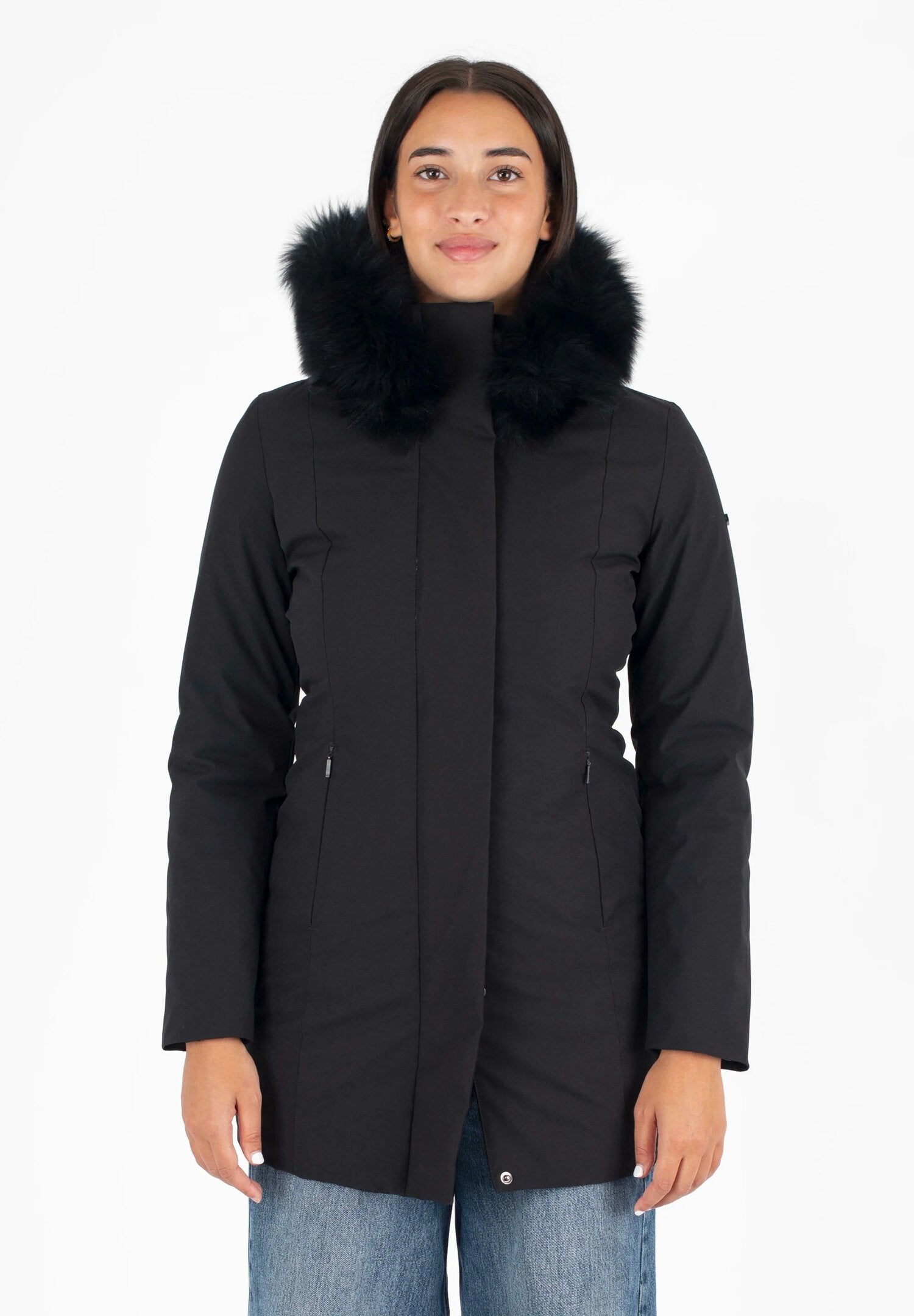 Refrigiwear cappotto donna nero invernale slim con cappuccio e pelliccia | CammarataMode