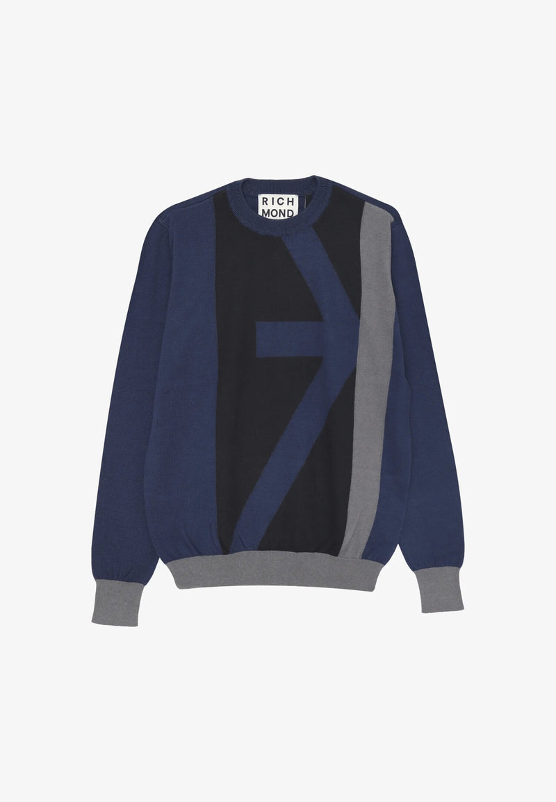 John Richmond maglione rasato uomo blu royal in cotone e lana con maxi logo - BLU | CammarataMode