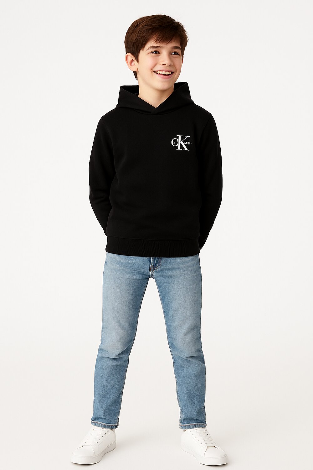 Calvin Klein Felpa Nera Bambino In Cotone Con Cappuccio Sportivo AI25