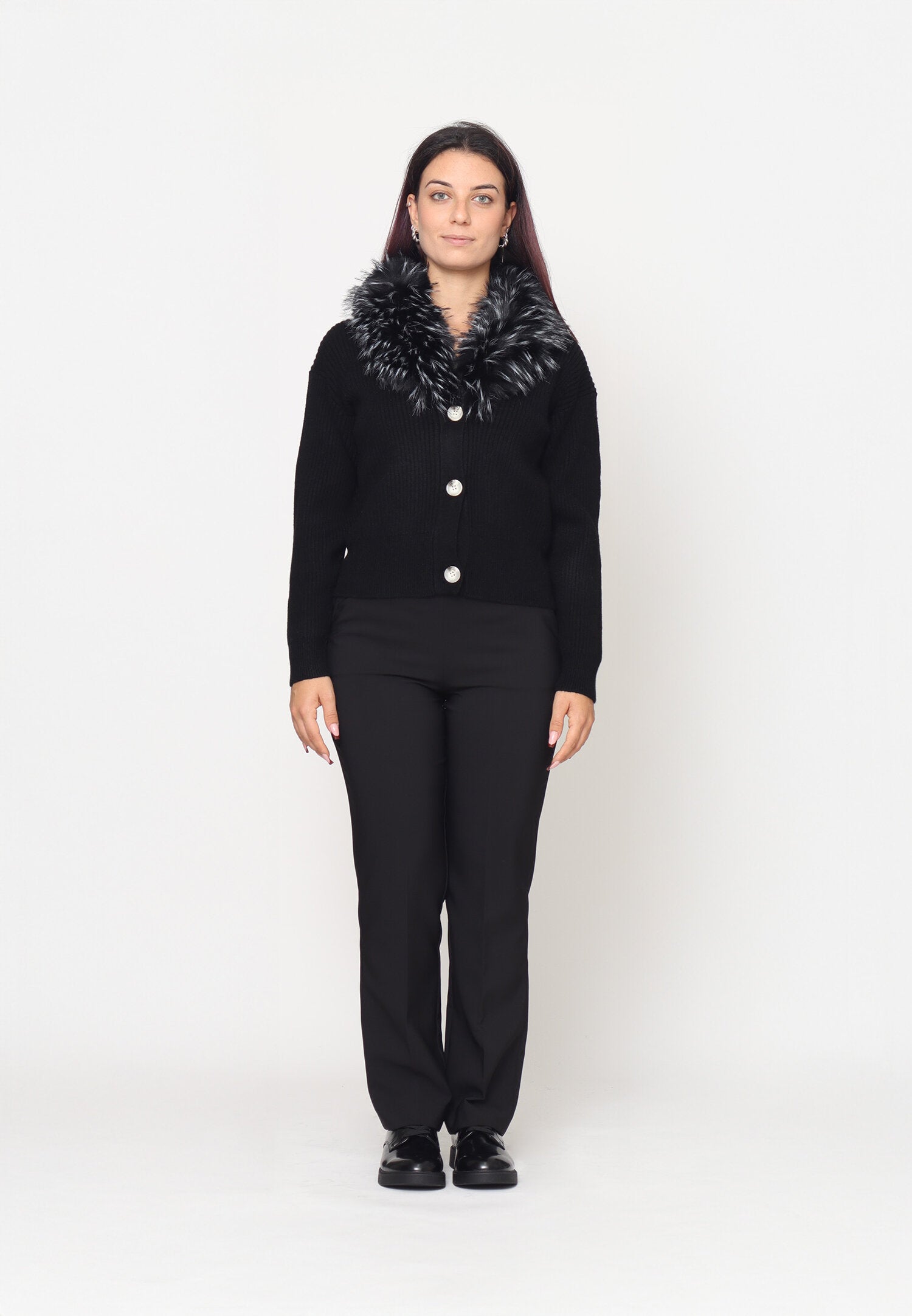 Monte Cervino Cardigan Nero Donna Con Pelliccia Elegante AI25