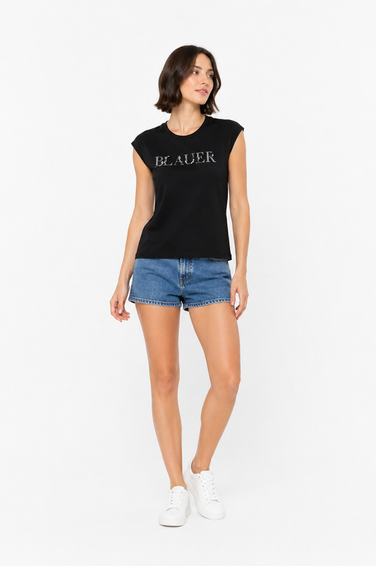 Blauer tshirt nera donna logo con perle e strass