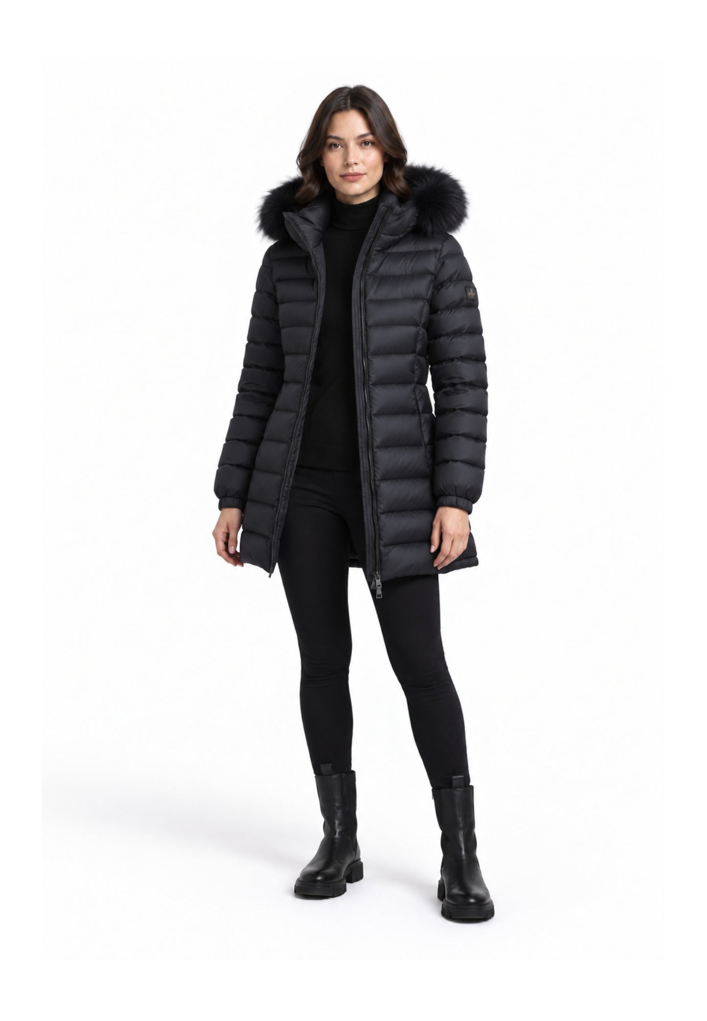 REFRIGIWEAR GIUBBOTTO NERO TRAPUNTATO CON CAPPUCCIO E PELLICCIA Donna LONG MEAD FUR JACKET.NE_