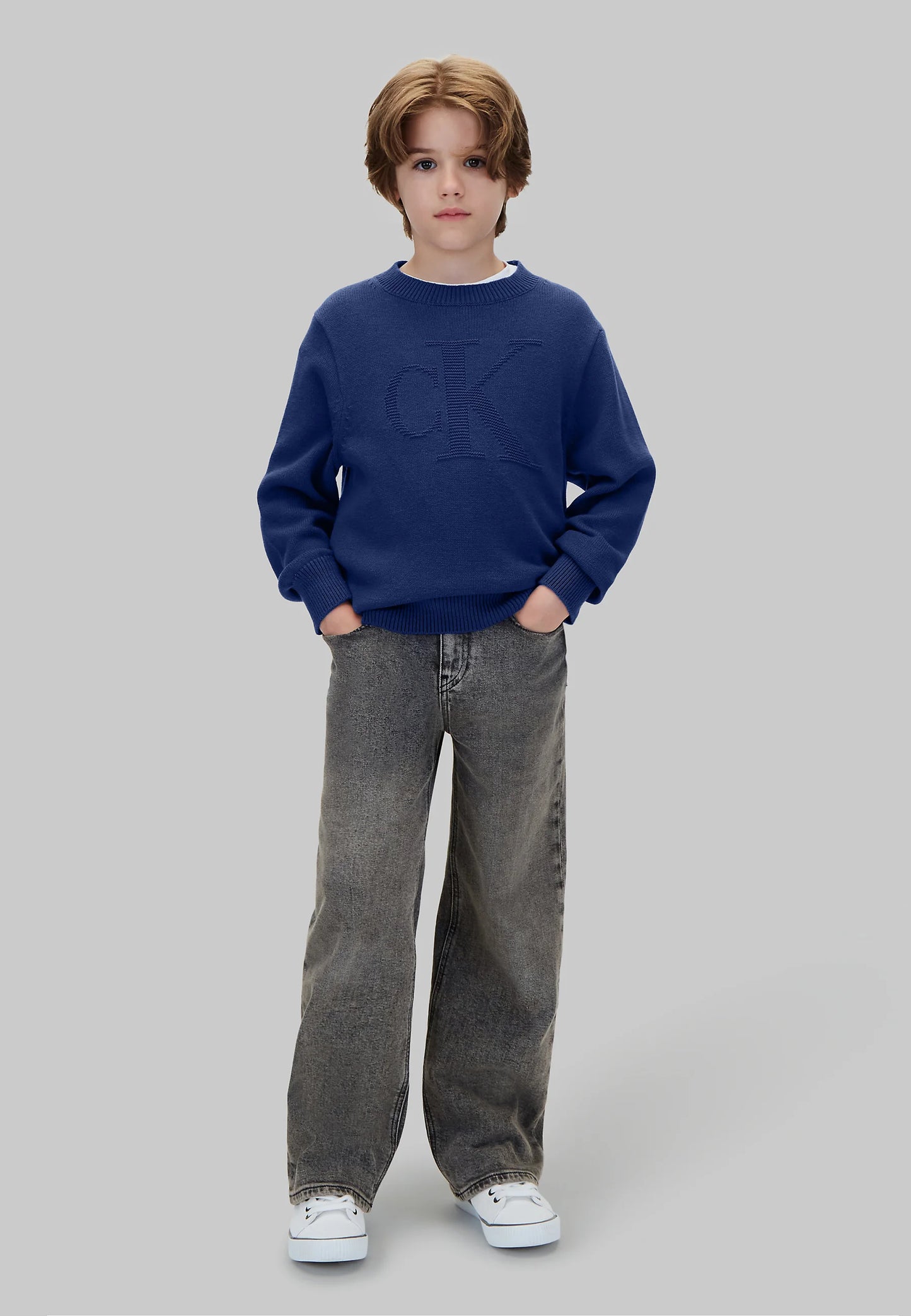 CALVIN KLEIN maglioncino BLU CON LOGO CK TONO SU TONO Bambini e ragazzi lvckfjf048cfb.blu_
