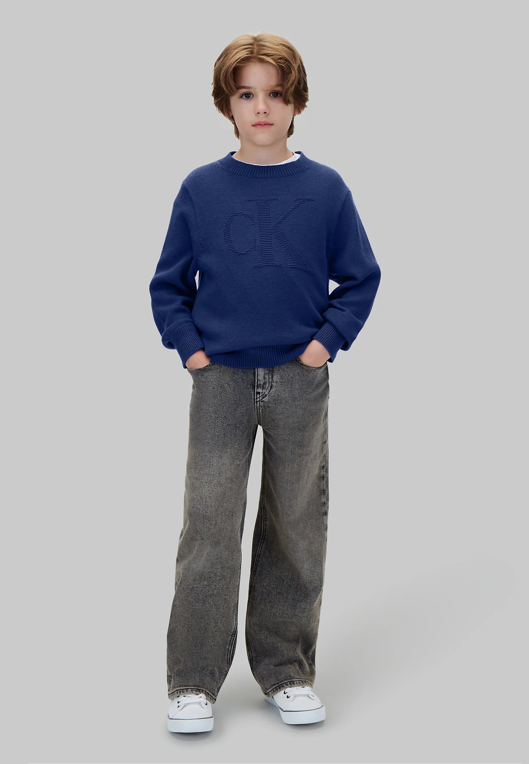 CALVIN KLEIN maglioncino BLU CON LOGO CK TONO SU TONO Bambini e ragazzi lvckfjf048cfb.blu_