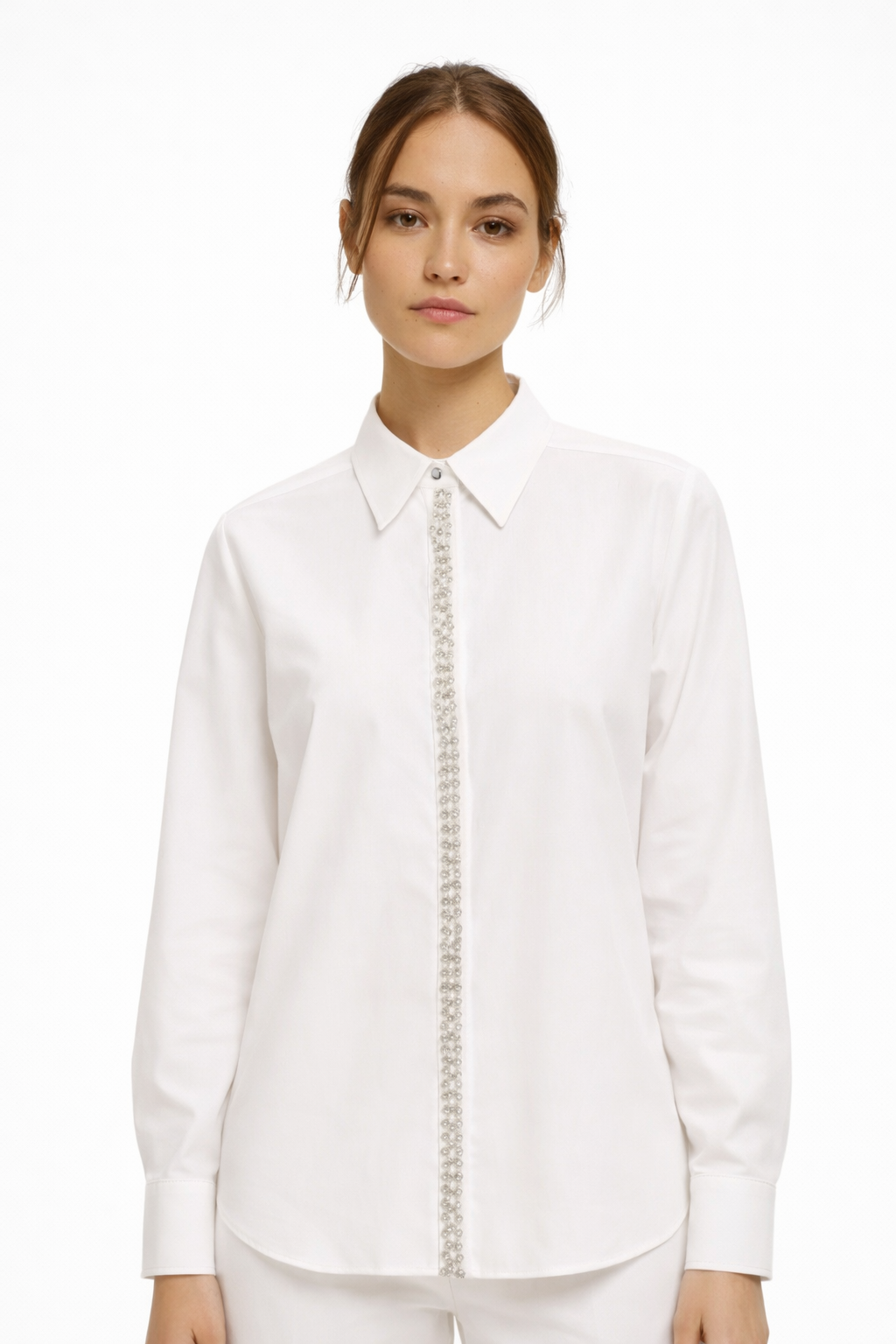 Emme Marella Camicia in popeline con dettagli di perle e strass Donna Valda Bianco