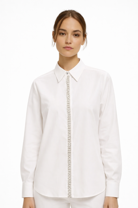 Emme Marella Camicia in popeline con dettagli di perle e strass Donna Valda Bianco
