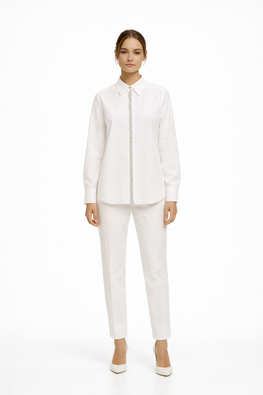 Emme Marella Camicia in popeline con dettagli di perle e strass Donna Valda Bianco