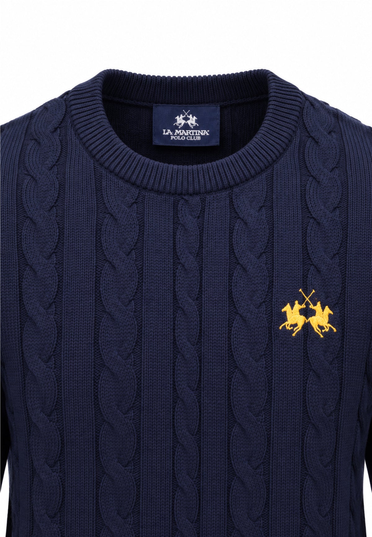LA MARTINA maglia a treccia blu con logo ricamo a girocollo Bambini e ragazzi mab0101.blu_