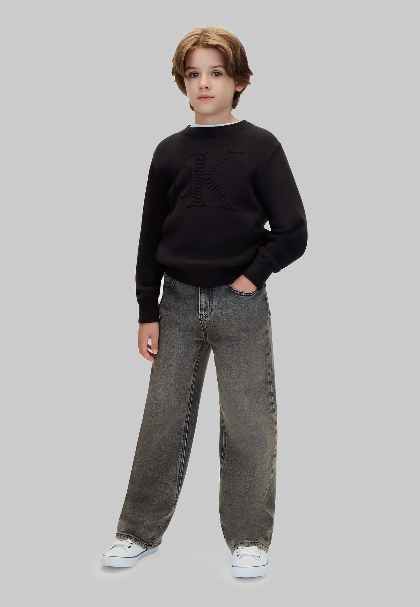 CALVIN KLEIN maglioncino NERO CON LOGO CK TONO SU TONO Bambini e ragazzi lvckfjf048bbeh.ne_