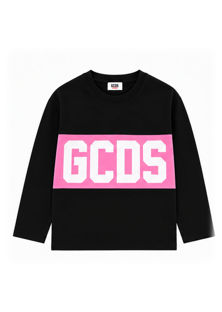 GCDS T-shirt Nera e Rosa Bambina in Cotone Maxi Logo AI26Z0GJQC608J105