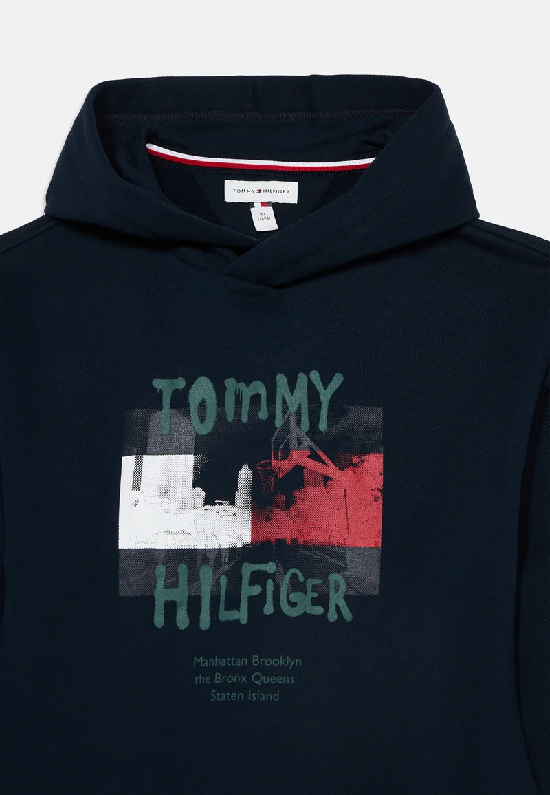 TOMMY HILFIGER felpa blu con capopuccio da bambino logo grande Bambini e ragazzi KB0KB10635C1G.BLU_