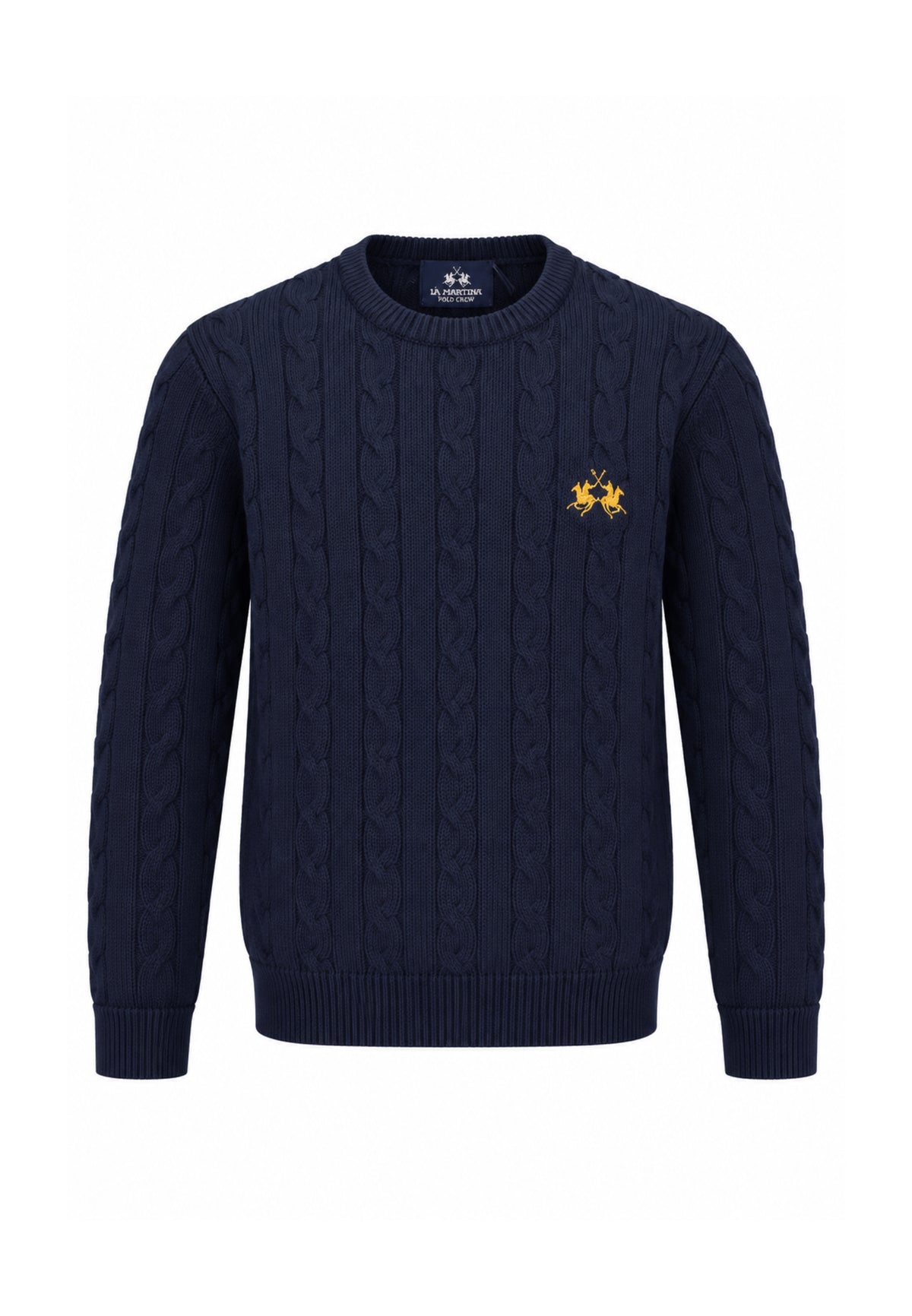 LA MARTINA maglia a treccia blu con logo ricamo a girocollo Bambini e ragazzi mab0101.blu_