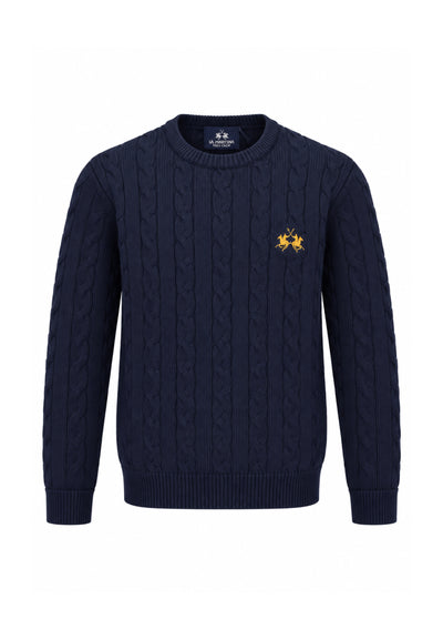 LA MARTINA maglia a treccia blu con logo ricamo a girocollo Bambini e ragazzi mab0101.blu_