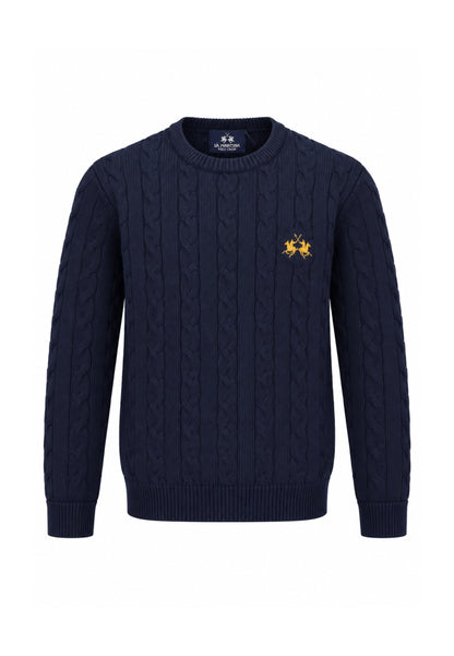 LA MARTINA maglia a treccia blu con logo ricamo a girocollo Bambini e ragazzi mab0101.blu_