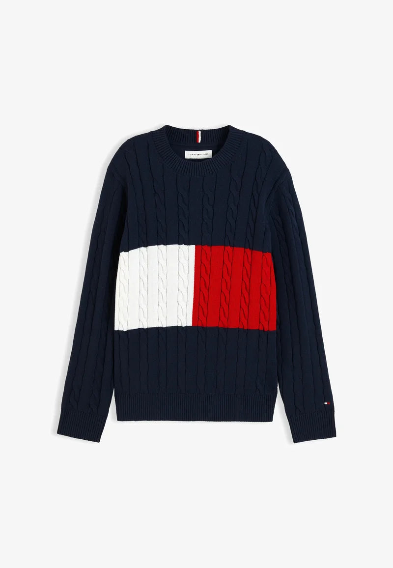 TOMMY HILFIGER MAGLIA treccia blu logo bandiera a girocollo per bambino Bambini e ragazzi KB0KB09753OMS.BLU_