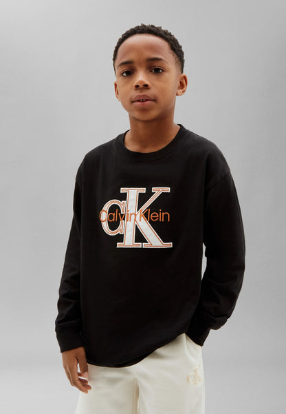CALVIN KLEIN TSHIRT NERA LOGO RICAMO GRANDE A MANICHE LUNGHE Bambini e ragazzi LVCKTJA46BBEH_