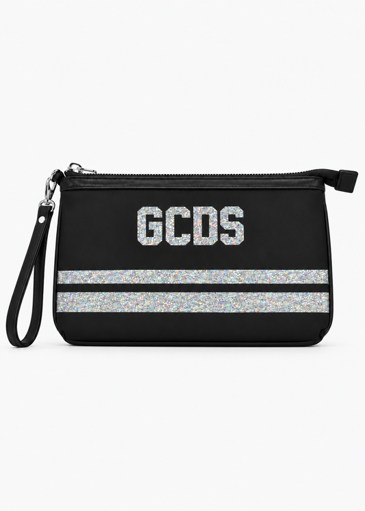 GCDS Pochette Nera Argento Bambina Maxi Logo Glitter AI26C2GJQW719T356
