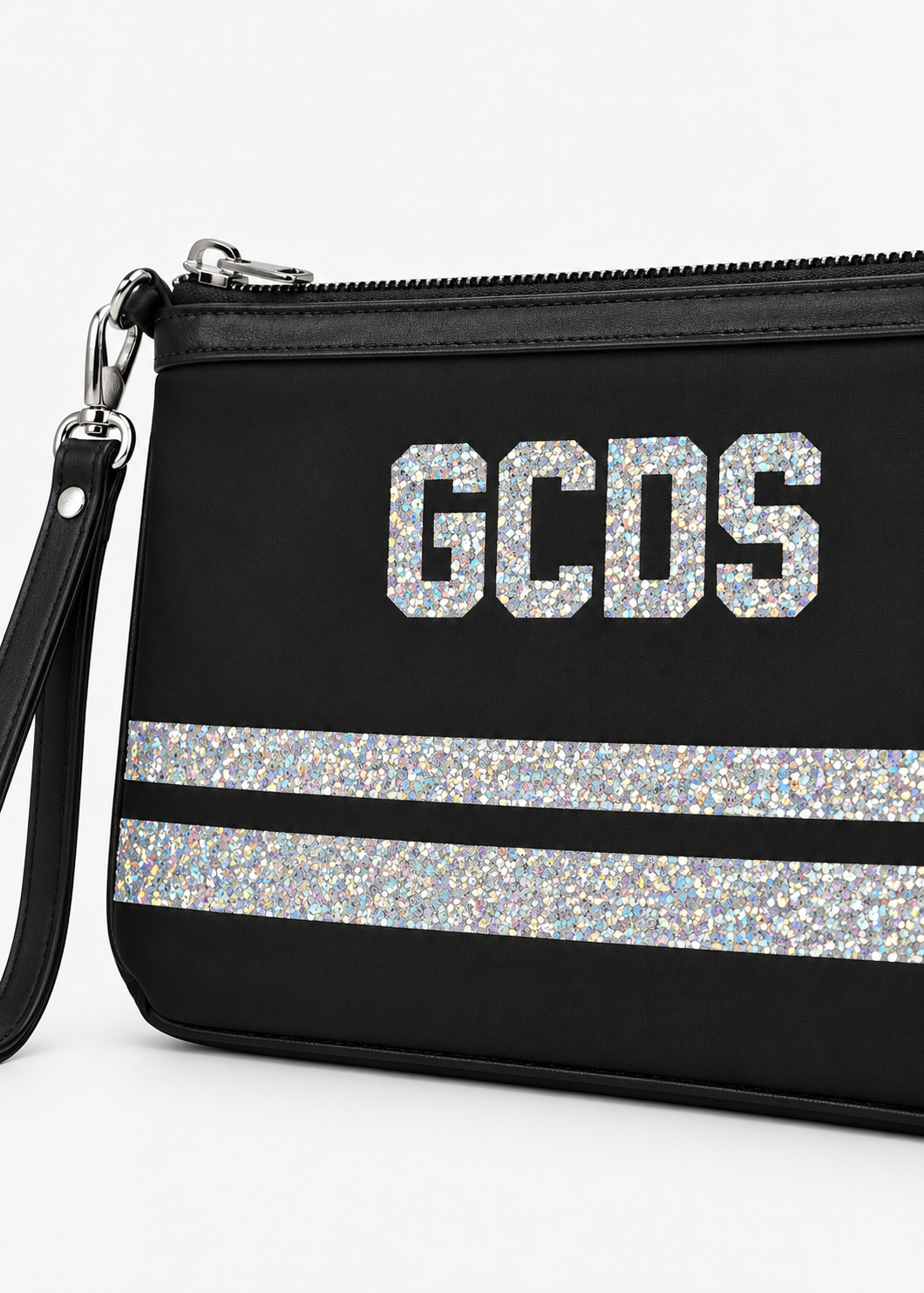 GCDS Pochette Nera Argento Bambina Maxi Logo Glitter AI26C2GJQW719T356